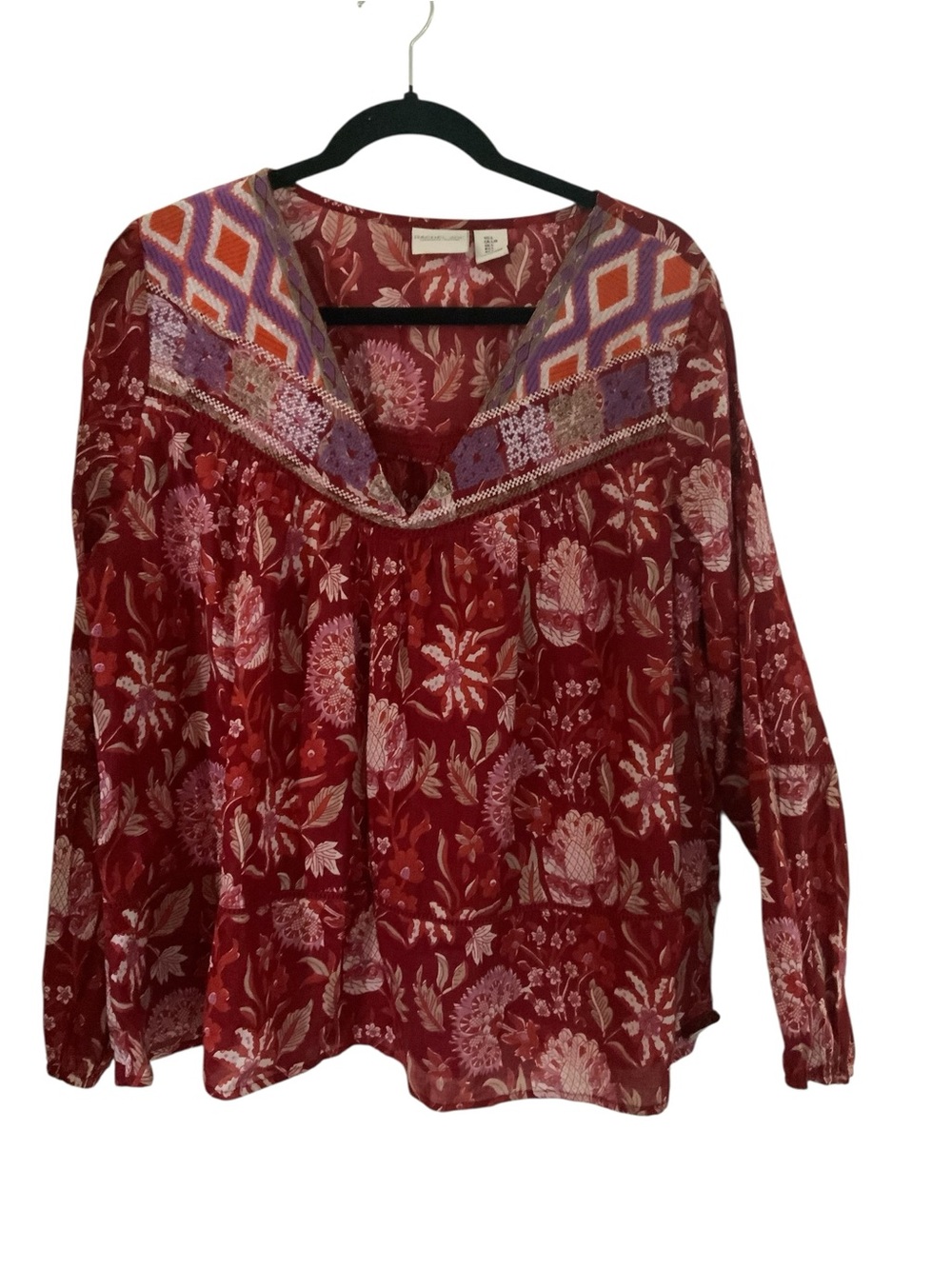 Boho floral embroidered peasant blouse red long sleeve bohemian Rachel Zoe Large